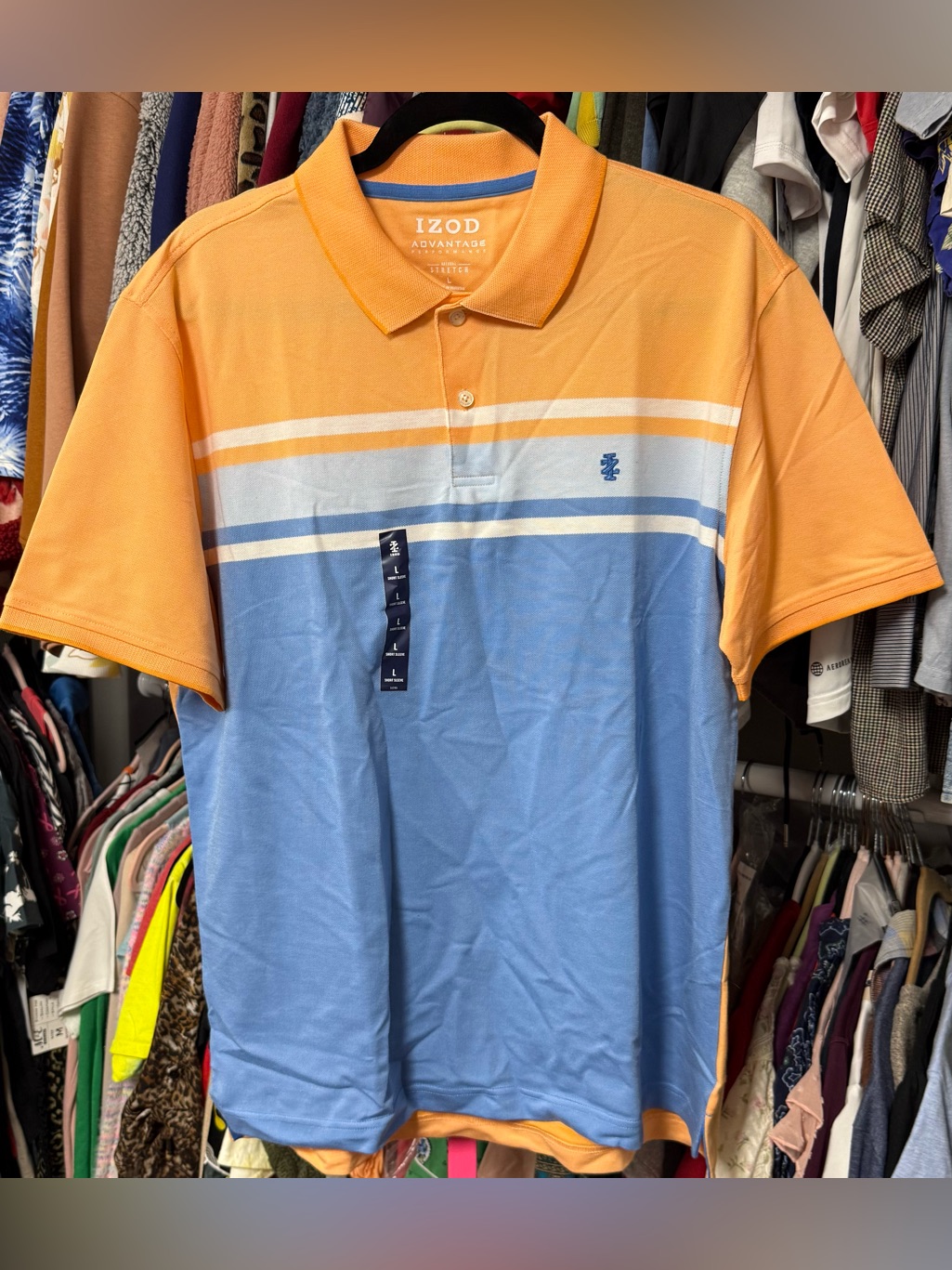 Izod Advantage Stretch Men’s Size Large Polo Shirt Cantaloupe Orange Blue New